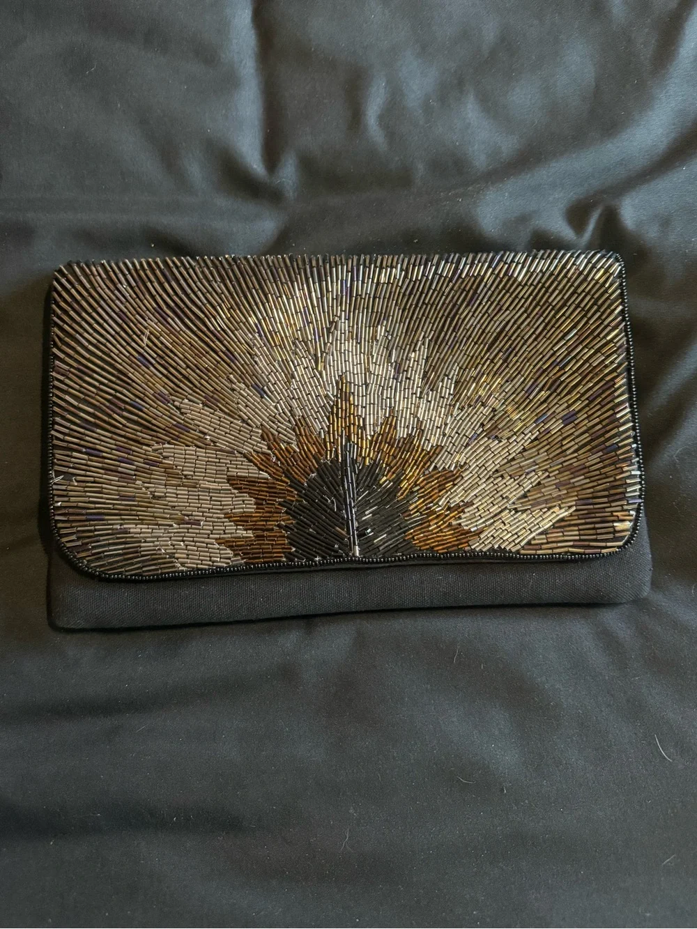 Embellished Black Beaded Evening Clutch - Gold and Bronze Accent